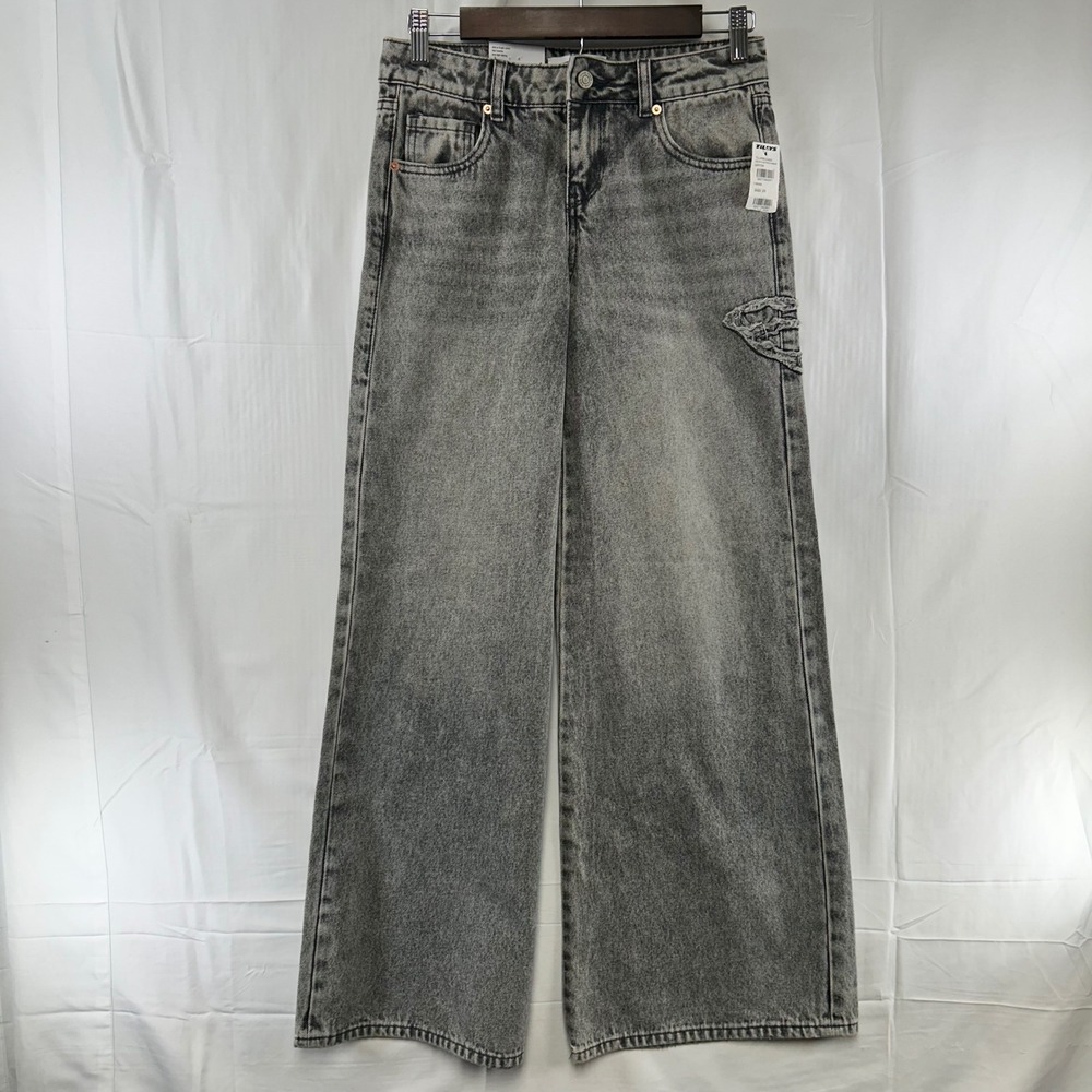 RSQ Low Rise Baggy Jeans Women 23 Grey Acid Wash Butterfly Patch NWT Tillys